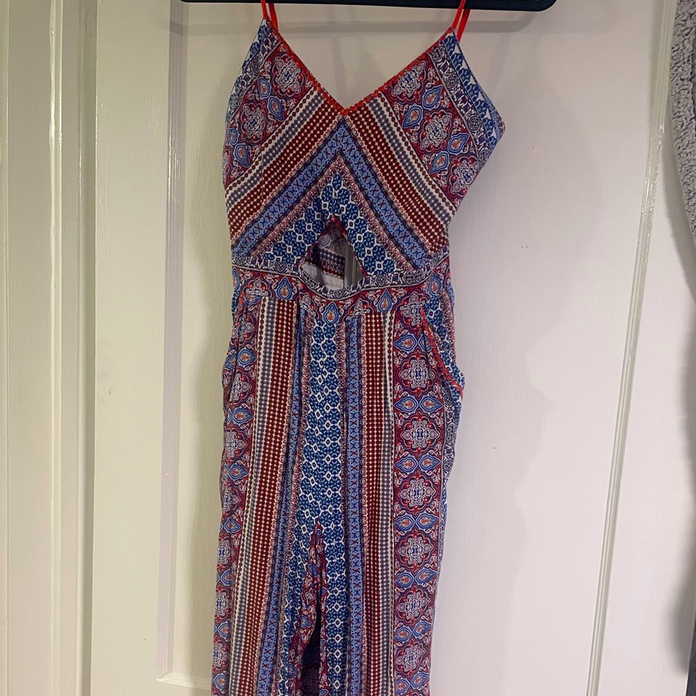 Red white and blue patterned capri jumpsuit